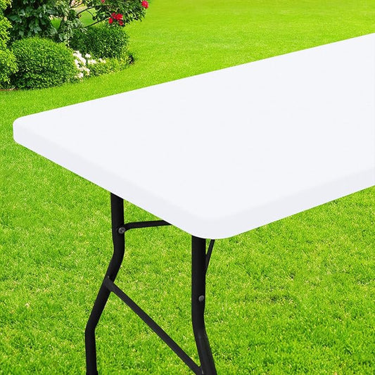 Smiry Rectangle Picnic Table Cloth, Waterproof Elastic Fitted Tablecloths for 8 Foot Tables, Washable Polyester Table Cover for Camping, Indoor and Outdoor (White, 36"x96")