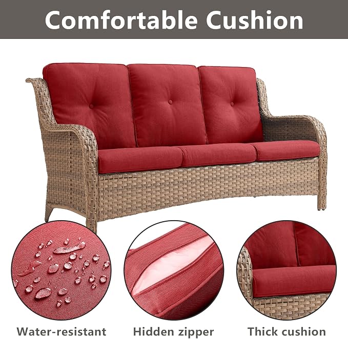 Rilyson Outdoor Patio Wicker Sofa, 900Lbs Weight Capacity Large 3 Seater Wicker Patio Couch with 4in Seat Cushions and Deep Seating, All Weather for Backyard, Garden, Poolside (Yellow/Red)