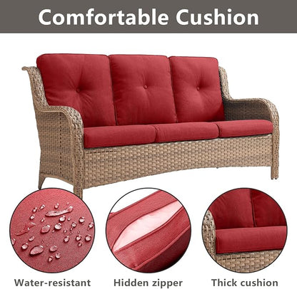 Rilyson Outdoor Patio Wicker Sofa, 900Lbs Weight Capacity Large 3 Seater Wicker Patio Couch with 4in Seat Cushions and Deep Seating, All Weather for Backyard, Garden, Poolside (Yellow/Red)