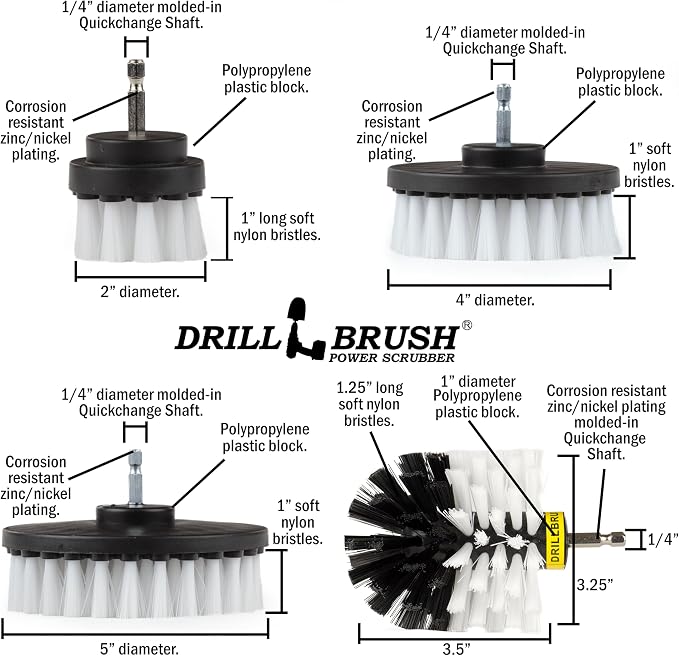 White Soft Interior Car Detailing Drill Brush Set - Nylon Auto Scrubber | Soft Bristle Power Scrubber Attachments for Cleaning Car, Truck, Upholstery, Carpet, Leather, Seats, Wheels, Rims & Trim