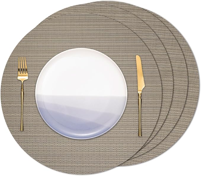 Round Placemats Set of 4 Heat Resistant Vinyl Placemats 15 inch Washable Non-Slip Table Mats Woven Place Mats for Dining Table (Golden Silver, Set of 4)