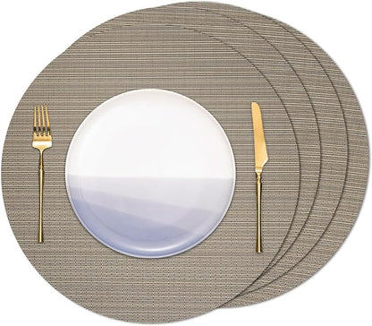 Round Placemats Set of 4 Heat Resistant Vinyl Placemats 15 inch Washable Non-Slip Table Mats Woven Place Mats for Dining Table (Golden Silver, Set of 4)