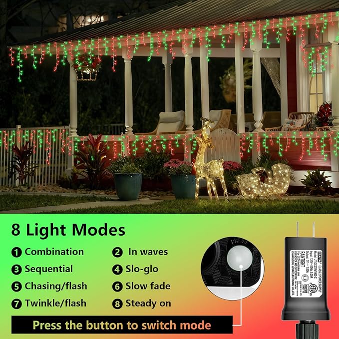 YEGUO 66ft 800 LED Red and Green Icicle Lights Outdoor Waterproof, 160 Drops Icicle String Lights Connectable, 8 Modes Icicle Christmas Lights with Memory Timer