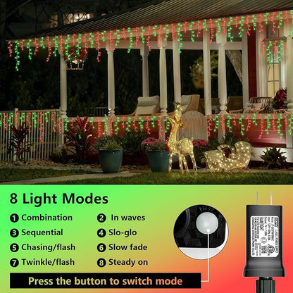 YEGUO 33ft 400 LED Red and Green Icicle Lights Outdoor Waterproof, 80 Drops Icicle String Light Connectable, 8 Modes Icicle Christmas Lights with Memory Timer