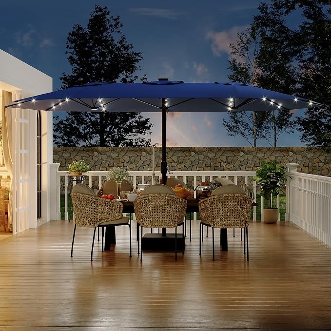 Garvee 15FT Patio Umbrella with Solar Lights & Base Included, Navy Blue | Rectangular Large Patio Umbrella with Crank Handle 48 LED Lights, UV Protection for Outdoor Market, Backyard, Deck, Poolside