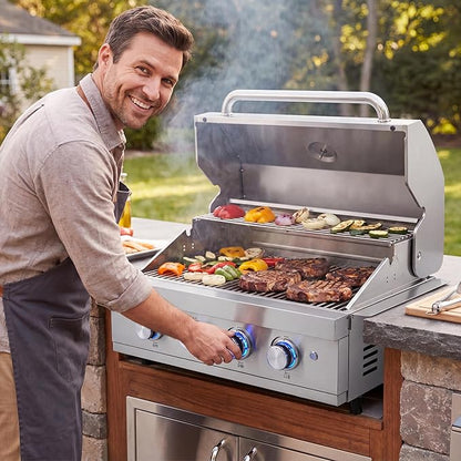 27 In Built-in Outdoor Gas BBQ Grill, 4-BurnerStainless Steel Drop-in Grill with LED Ambient Lighting, 304 Brushed Stainless Steel, Heavy Duty Outdoor Kitchen Island Grill
