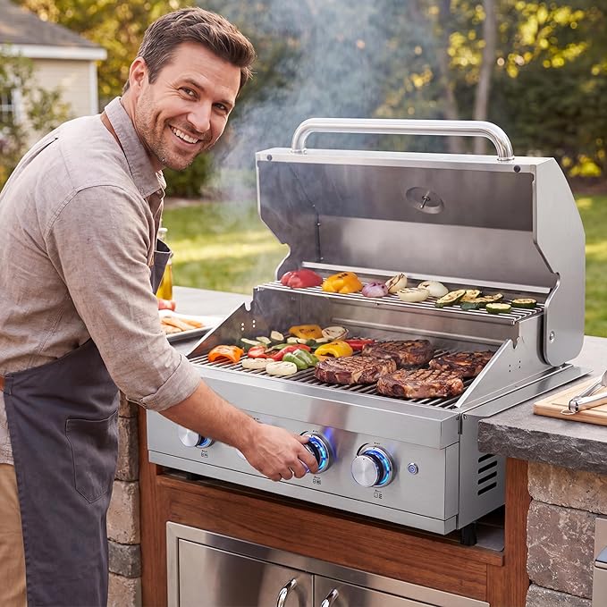 27 In Built-in Outdoor Gas and Charcoal Dual-Fuel BBQ Grill, 4-BurnerStainless Steel Drop-in Grill with LED Ambient Lighting, 304 Brushed Stainless Steel, Heavy Duty Outdoor Kitchen Island Grill