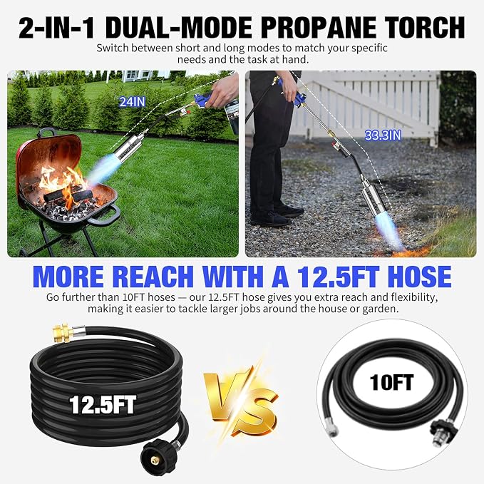 Propane Torch Weed Burner Kit, High Output Blow Torch with Long/Short Mode & 12.5FT Hose, Heavy Duty Flamethrower with Turbo Trigger for Weeding, Roofing, Ice Melting, Road Marking,BBQ(33.3")