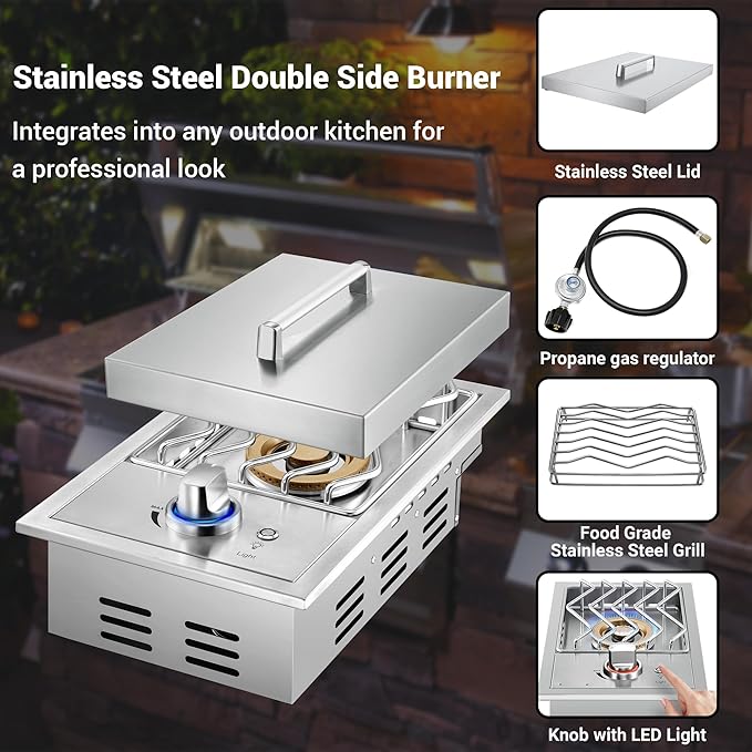 17,500BTU Liquid Propane Side Burner, Single Grilling Side Burners for Outdoor Kitchen, Convertible to Natural Gas, Duty Heavy 304 Stainless Steel, Drop-in Side Burner for Outdoor BBQ Grill Island