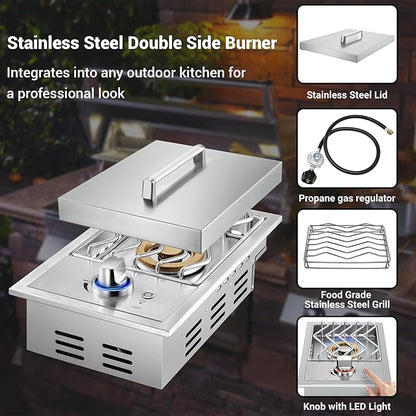 17,500BTU Liquid Propane Side Burner, Single Grilling Side Burners for Outdoor Kitchen, Convertible to Natural Gas, Duty Heavy 304 Stainless Steel, Drop-in Side Burner for Outdoor BBQ Grill Island