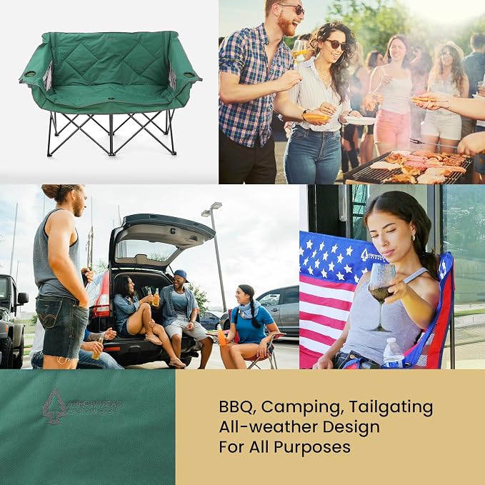 ARROWHEAD OUTDOOR Portable Folding Double Duo Camping Chair Loveseat | 2 Cup and Wine Glass Holder, Carrying Bag, Supports up to 500lbs, Beach, Tailgating, Fishing, Patio, Hunting, Backyard