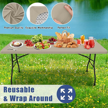 Moosfor 2 Pack Rectangle Spandex Fitted Table Cloth, 4FT Elastic Tablecloth | Washable Picnic Table Cover, Stretch Waterproof Table cloths for Party, Patio, Dining, Kitchen, 30" x 48", Taupe