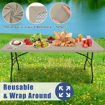 Moosfor 2 Pack Rectangle Spandex Fitted Table Cloth, 6FT Elastic Tablecloth | Washable Picnic Table Cover, Stretch Waterproof Table cloths for Party, Patio, Dining, Kitchen, 30" x 72", Taupe