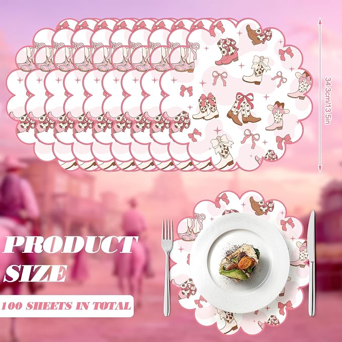 100 Pcs Cowgirl Party Paper Placemats 13.5 Inch Scalloped Pink Bow Paper Placemat Disposable Coquette Decorative Table Mat for Western Themed Birthday Bachelor Baby Shower Wedding Decoration