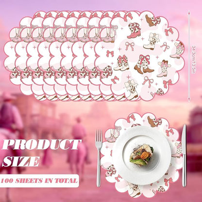 100 Pcs Cowgirl Party Paper Placemats 13.5 Inch Scalloped Pink Bow Paper Placemat Disposable Coquette Decorative Table Mat for Western Themed Birthday Bachelor Baby Shower Wedding Decoration