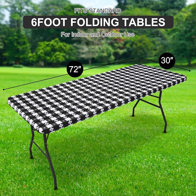 Rectangle Picnic Table Cloth, Waterproof Elastic Fitted Table Covers for 6 Foot Tables, Flannel Backed Plastic Vinyl Tablecloths for Camping, Dining and Indoor (Black & White+Grey & White)
