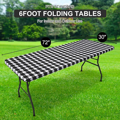 Rectangle Picnic Table Cloth, Waterproof Elastic Fitted Table Covers for 6 Foot Tables, Flannel Backed Plastic Vinyl Tablecloths for Camping, Dining and Indoor (Black & White+Grey & White)