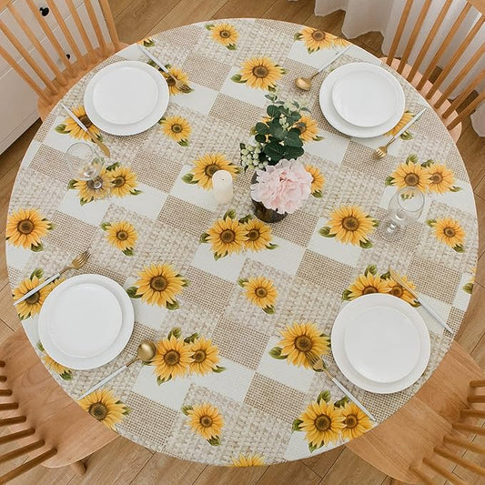 LIBERECOO Round Vinyl Fitted Tablecloth with Flannel Backing Elastic Edge Table Cover Waterproof Stain-Resistant Wipeable Tablecloths Fits 40-44" Round Tables