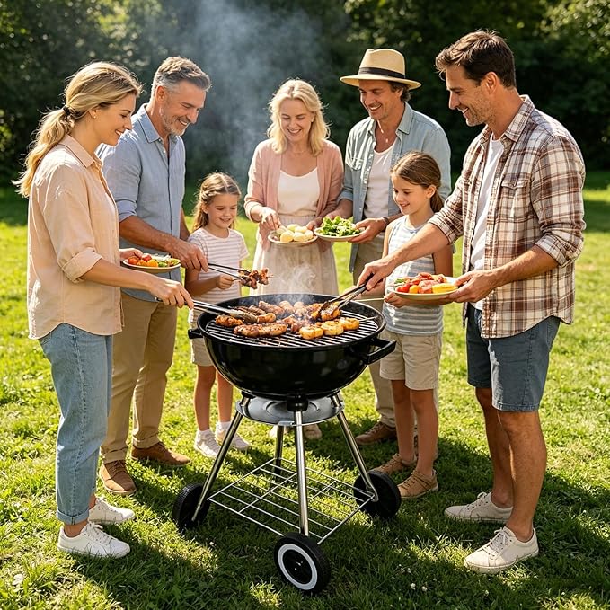 20 inch Kettle Charcoal BBQ Grill with Wheels,Portable Charcoal Grill with Porcelain-Enameled Lid,Barbecue Grill for Outdoor Cooking Barbecue Camping Picnics Tailgating