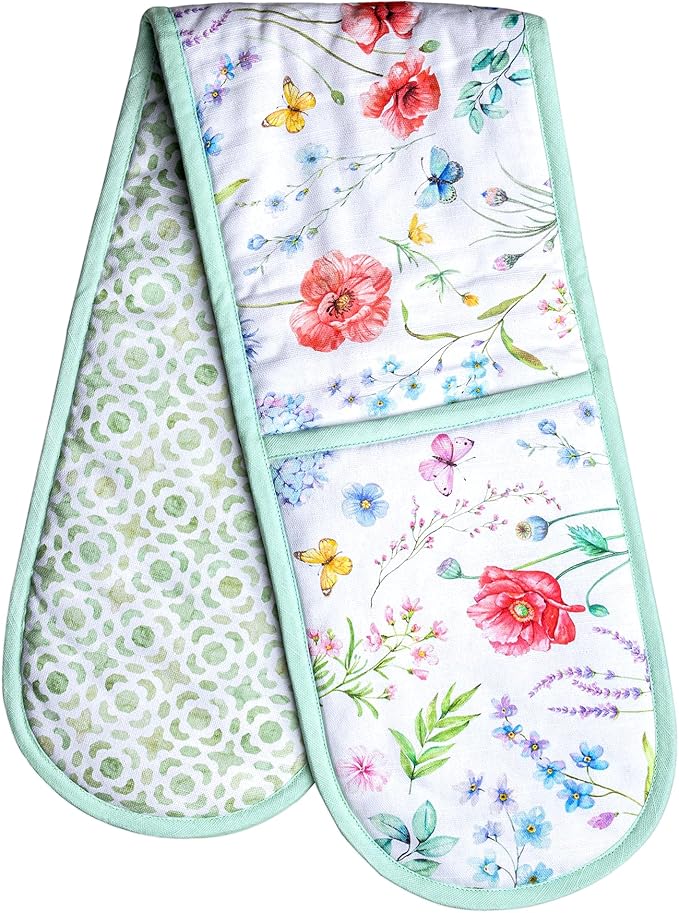 Maison d' Hermine Double Oven Mitts 100% Cotton 7"x35" Double Oven Mitt Heat Resistant BBQ Cooking Gloves with Loop Baking Grilling Kitchen Hotel Home Farmhouse Spring Summer (Just Floral)