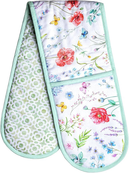 Maison d' Hermine Double Oven Mitts 100% Cotton 7"x35" Double Oven Mitt Heat Resistant BBQ Cooking Gloves with Loop Baking Grilling Kitchen Hotel Home Farmhouse Spring Summer (Just Floral)