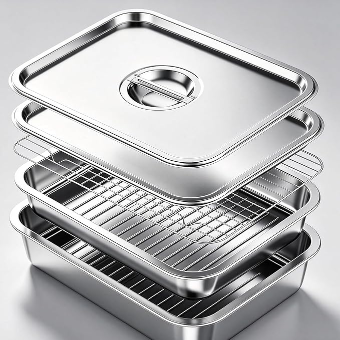 Grill Prep Tray & Serving Tray Set with Lids –5-Piece Grill Carry System for Marinating, Carrying & Serving, Stainless Steel BBQ Trays, BBQ Prep Grill Pan with 2 Lids and 1 Rack