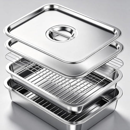 Grill Prep Tray & Serving Tray Set with Lids –5-Piece Grill Carry System for Marinating, Carrying & Serving, Stainless Steel BBQ Trays, BBQ Prep Grill Pan with 2 Lids and 1 Rack