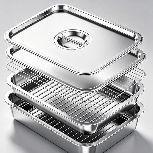 Grill Prep Tray & Serving Tray Set with Lids –5-Piece Grill Carry System for Marinating, Carrying & Serving, Stainless Steel BBQ Trays, BBQ Prep Grill Pan with 2 Lids and 1 Rack