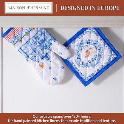 Maison d' Hermine 100% Cotton Oven Mitt & Pot Holder Set (7.5"x13" & 8"x8") Heat Resistant BBQ Cooking Gloves with Loop Baking Grilling Kitchen Hotel Home Farmhouse Spring Summer (Amsterdam Canals)