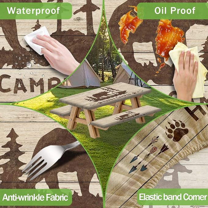 Picnic Table Cover with Bench Covers and Bag, Rustic Bear Camping Fitted Tablecloth Cover with Elastic Edge, Wooden Camper Waterproof Windproof for Indoor & Outdoor, Garden, 3 Pieces Set, 30x72 Inch