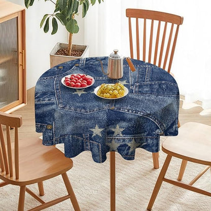 Denim Patchwork Style Round Tablecloth, Fashionable Blue Denim Jean Pocket Design Water Resistant Wipeable Table Cover for Farmhouse Picnic Party Holiday Kitchen Dinner Table 70"