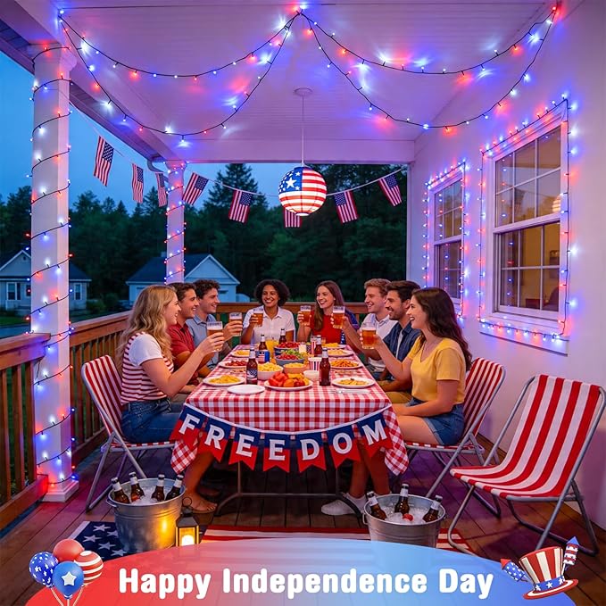4 Pack Red White and Blue Lights, 50 LEDs 16.5ft 4th of July Lights Battery Operated, Green Wire Battery Powered Twinkle Lights for Tree Wreath Christmas Independence Day Decorations