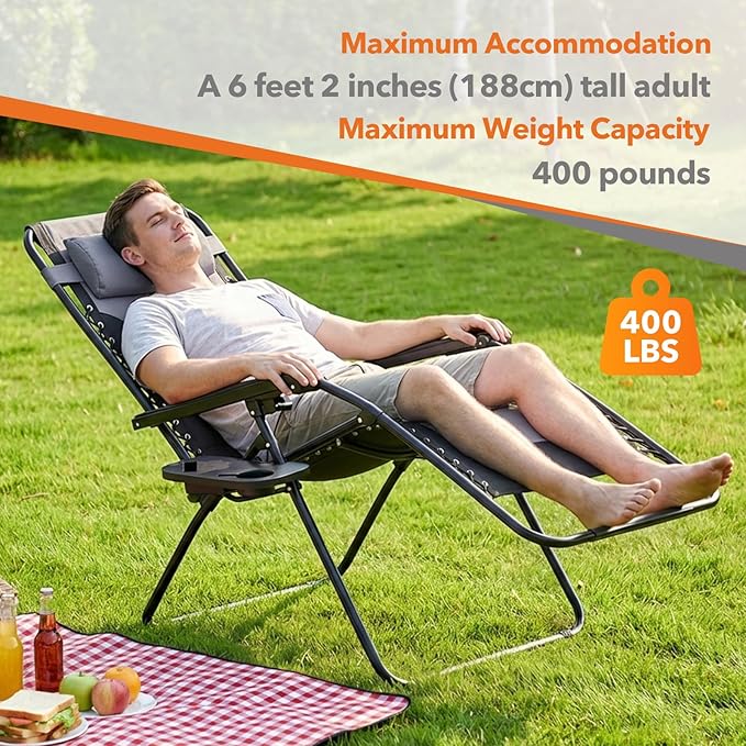 Sweetcrispy Zero Gravity Chairs, Foldable Patio Reclining Chairs with Adjustable Pillow & Cup Holder, Oversized Portable Support 400 lbs, for Backyard Camping, Black-Gray