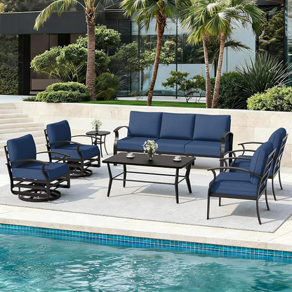 ALAULM Aluminum Patio Furniture Set with Coffee Table Rectangular, 7-seat Outdoor Sectional Furniture w/Swivel Chairs, Patio Conversation Set for Porch, Backyard, Poolside-Dark Blue