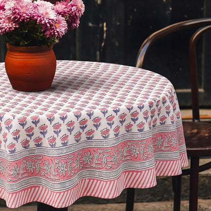 Block Print Tablecloth, 60 x 60 inch Fabric Square Table Cover Flower Table Cloth for Mahjong Weddings Spring Summer and Barbeque Farmhouse Dining Dinner Tablecloth(Style A,Pink)