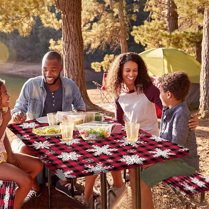 Christmas Picnic Table Cover with Bench Covers, Snowflakes On Buffalo Plaid Background Print Fitted Tablecloth and Seats Cover, 3 Pieces Set, for Travel Spring Picnics Parties Outdoor Use, Black Red