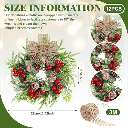 Dingion 12 Pcs Small Christmas Wreaths for Cabinet Kitchen Decor Mini Artificial Wreath 9 Inch Faux Garland with Burlap Ribbon for Vintage Retro Home Table Candle Porch Window Indoor Outdoor Decor