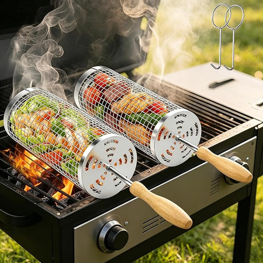 Rolling Grill Basket 2-Pack, Removable Wooden Handle, 304 Stainless Steel, BBQ Grill Accessories for Vegetables, Birthday Father Days for Dad, Husband, Men – Outdoor Kitchen Camping Grilling