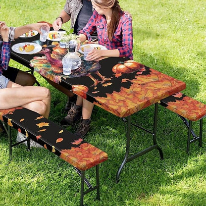 Thanksgiving 3 Piece Fitted Picnic Table Cover for Camping Party Supplies Turkey Pumpkin Maple Leaf Camping Tablecloth with Elastic Band