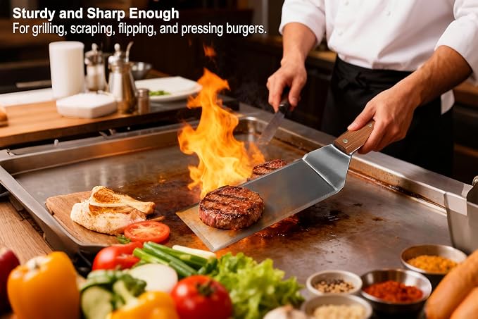 Extra Long Metal Griddle Spatula Set of 2 | Stainless Steel Grill Spatula,Grill Accessories for Blackstone,BBQ Tools,Full Tang Wooden Handle,Beveled Edges for Flat Top