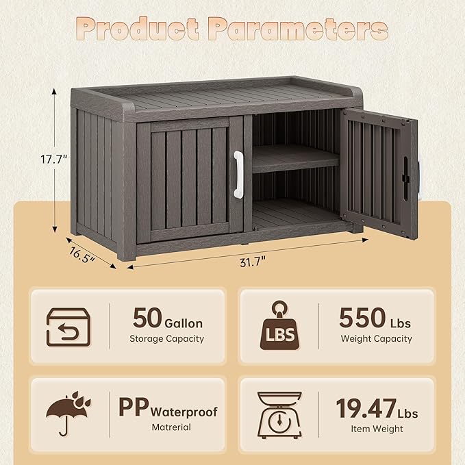 Bifanuo Shoe Storage Cabinet, 2-Door Outdoor Storage Bench with Adjustable Shelves, Waterproof UV-Resistant for Hallway, Living Room, Entryway, Large Capacity Modern Organizer (Grey)