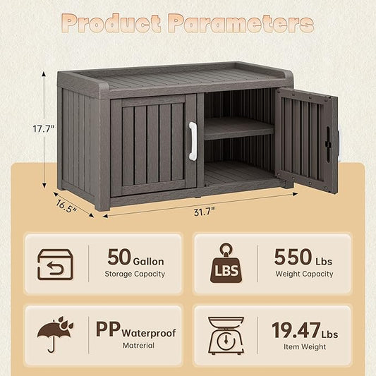 2-Tier Storage Bench, Waterproof UV-Resistant Outdoor Shoe Storage Cabinet with 2 Doors & Adjustable Shelves for Indoor Outdoor Entryway, Hallway, Living Room (Classic Grey)