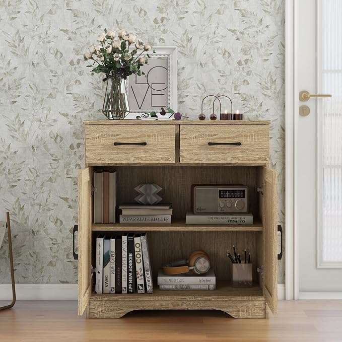 Panana Sideboard 2 Drawers 2 Doors Entryway Storage Cabinet Living Room Organizer Farmhouse Style Wooden Kitchen Cupboard (Nature)