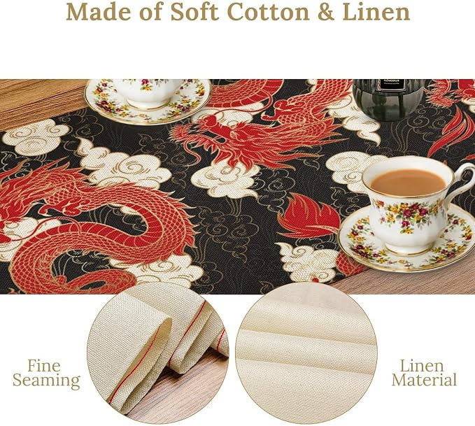 Asian Red Dragon Table Runner Traditional Chinese Japanese Dragons Flying Mascot Animal Clouds Dinner Runner Table Decoration for Home Kitchen Dining Table Party Decoration 13x70in