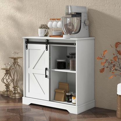 Panana Sliding Barn Door Buffet Sideboard Storage Cabinet Coffee Bar Kitchen Farmhouse Style (White)