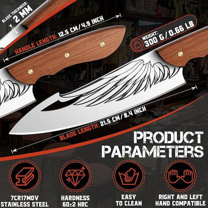 ROCOCO Cleaver Knife for Meat Cutting Butcher Viking Boning Knife Hand Forged In Fire Chopping Cutter with Sheath Outdoor BBQ Camping Birthday Christmas Chef Gift Idea Men 8.4"
