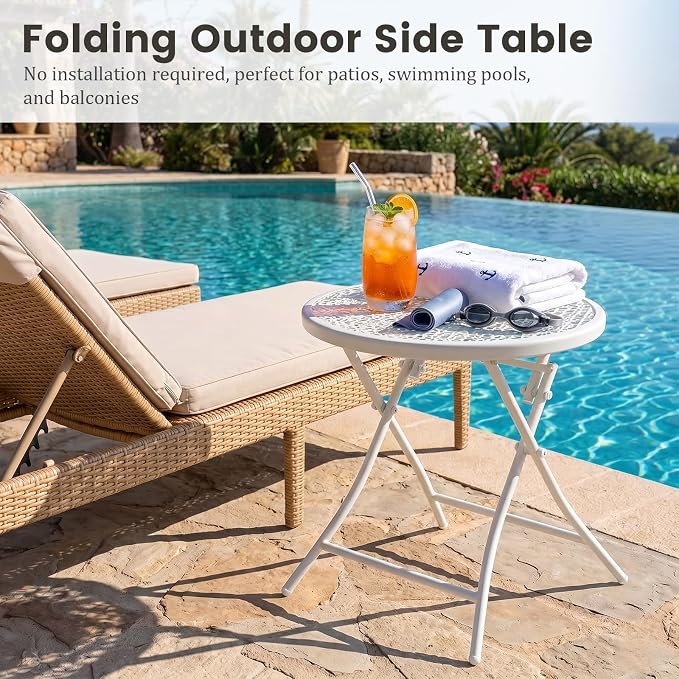 TeoKJ Folding Small Outdoor Side Table, Anti Rust Patio Metal Table | Metal Round Anti Rust Patio Desk, Small Nightstand with Flower Cutouts, for Yard, Balcony, Lawn, Pool, Lightweight, White