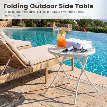 TeoKJ Folding Small Outdoor Side Table, Anti Rust Patio Metal Table | Metal Round Anti Rust Patio Desk, Small Nightstand with Flower Cutouts, for Yard, Balcony, Lawn, Pool, Lightweight, White