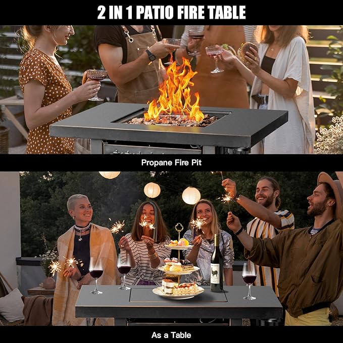 OutVue 32 Inch Propane Fire Pit Table, Outdoor Gas Fire Pits with 2 Drink Holders, Lid & Lava Rock, 50000 BTU Firepit Table for Dinning, Party in Outside, Patio, Garden or Yard