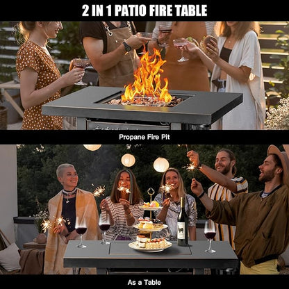 OutVue 32 Inch Propane Fire Pit Table, Outdoor Gas Fire Pits with 2 Drink Holders, Lid & Lava Rock, 50000 BTU Firepit Table for Dinning, Party in Outside, Patio, Garden or Yard
